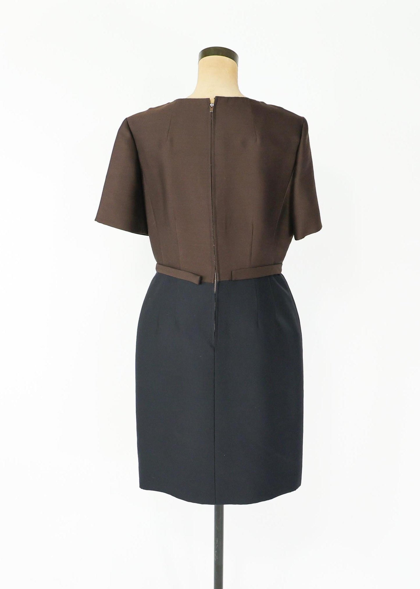 1950s Brown Black Silk Shantung Dress, Large