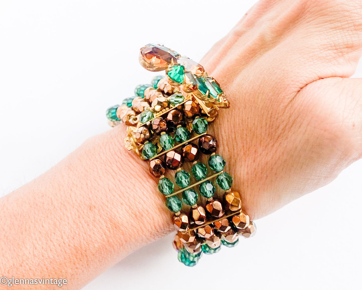 Eugene | 1950s Crystal & Rhinestone Bracelet | 50s Crystal Evening Bracelet | Green Bronze Crystal Bracelet | Eugene