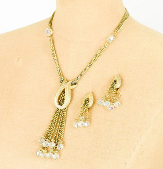 1950s Gold Pendent Necklace & Earrings Jewelry Set