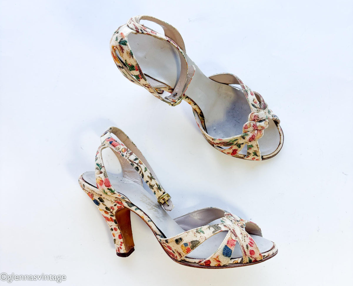 1950s Colorful Floral Design Heels | Beige Print Ankle Strap Heels