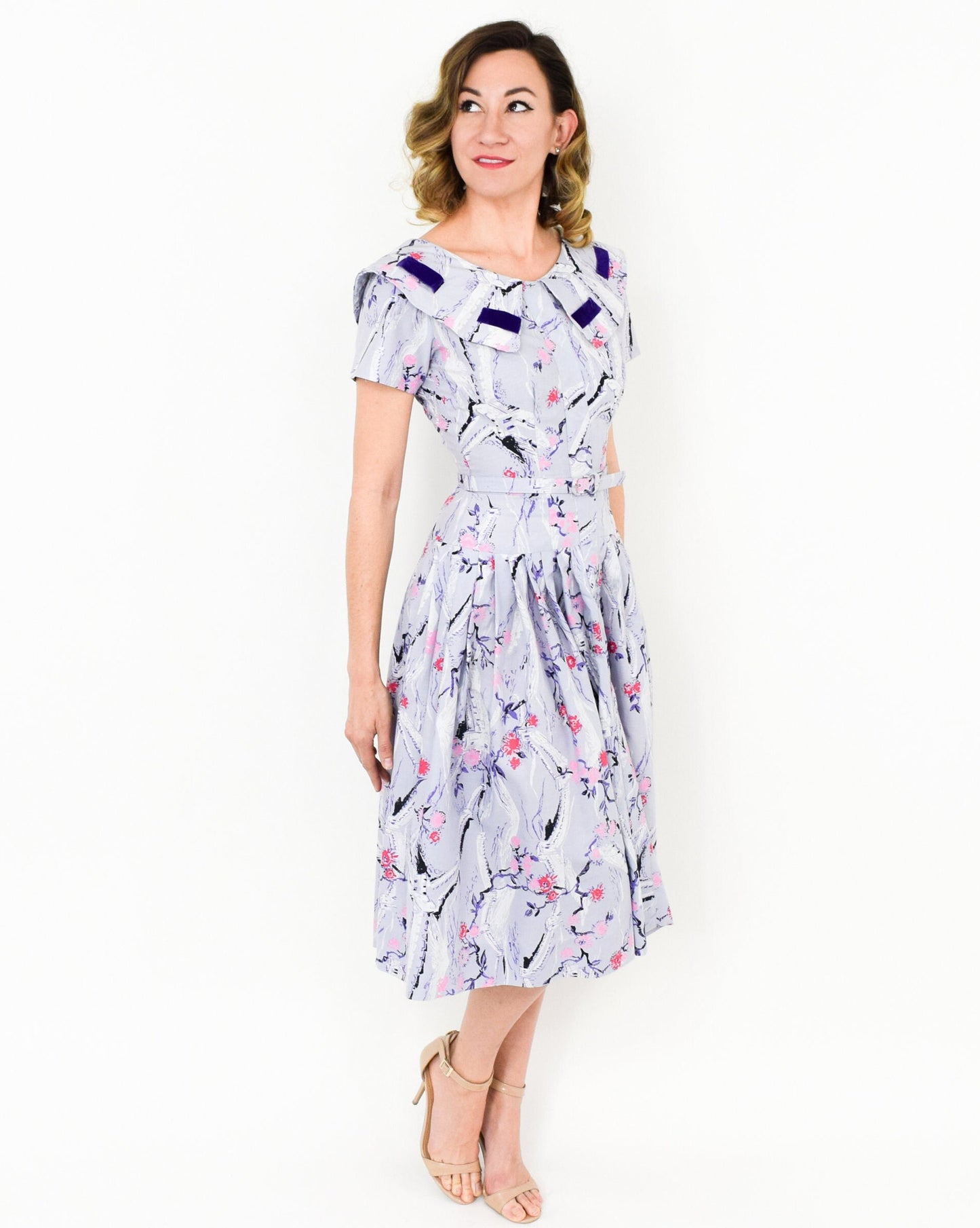 1950s Lavender Purple Novelty Print Cotton Dress, Small