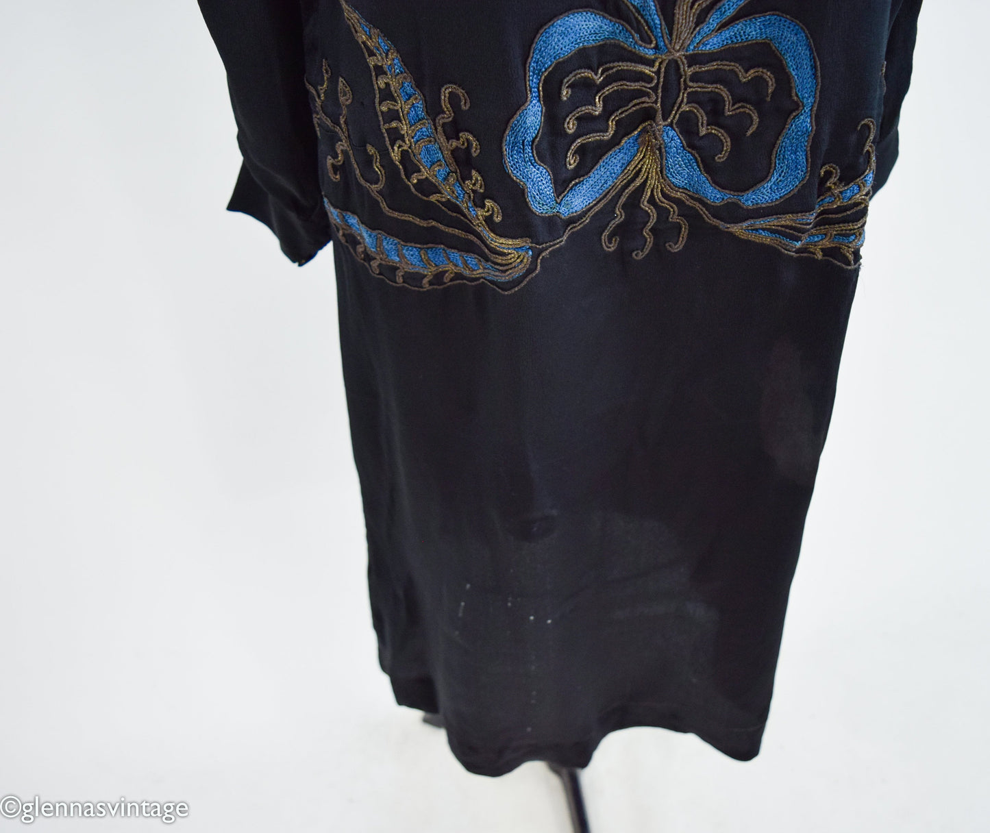 1920s Art Deco Black Silk Dress | Embroidered Drop Waist, Medium