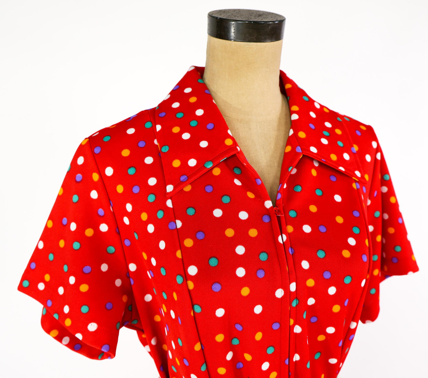 1970s Red Polka Dot Dress, XL 42" Waist