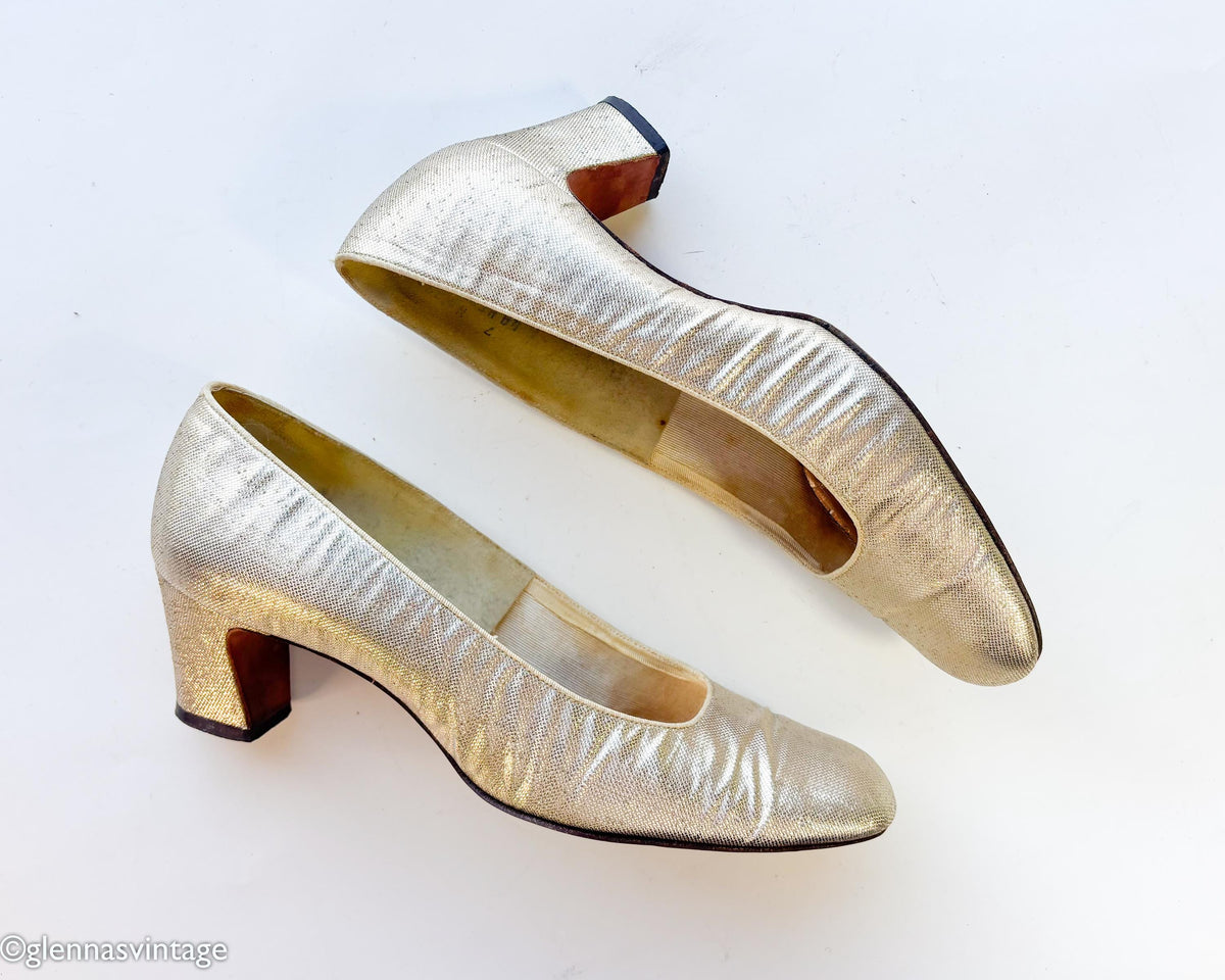 1960s Gold Lamé Evening Heels Pumps US 7