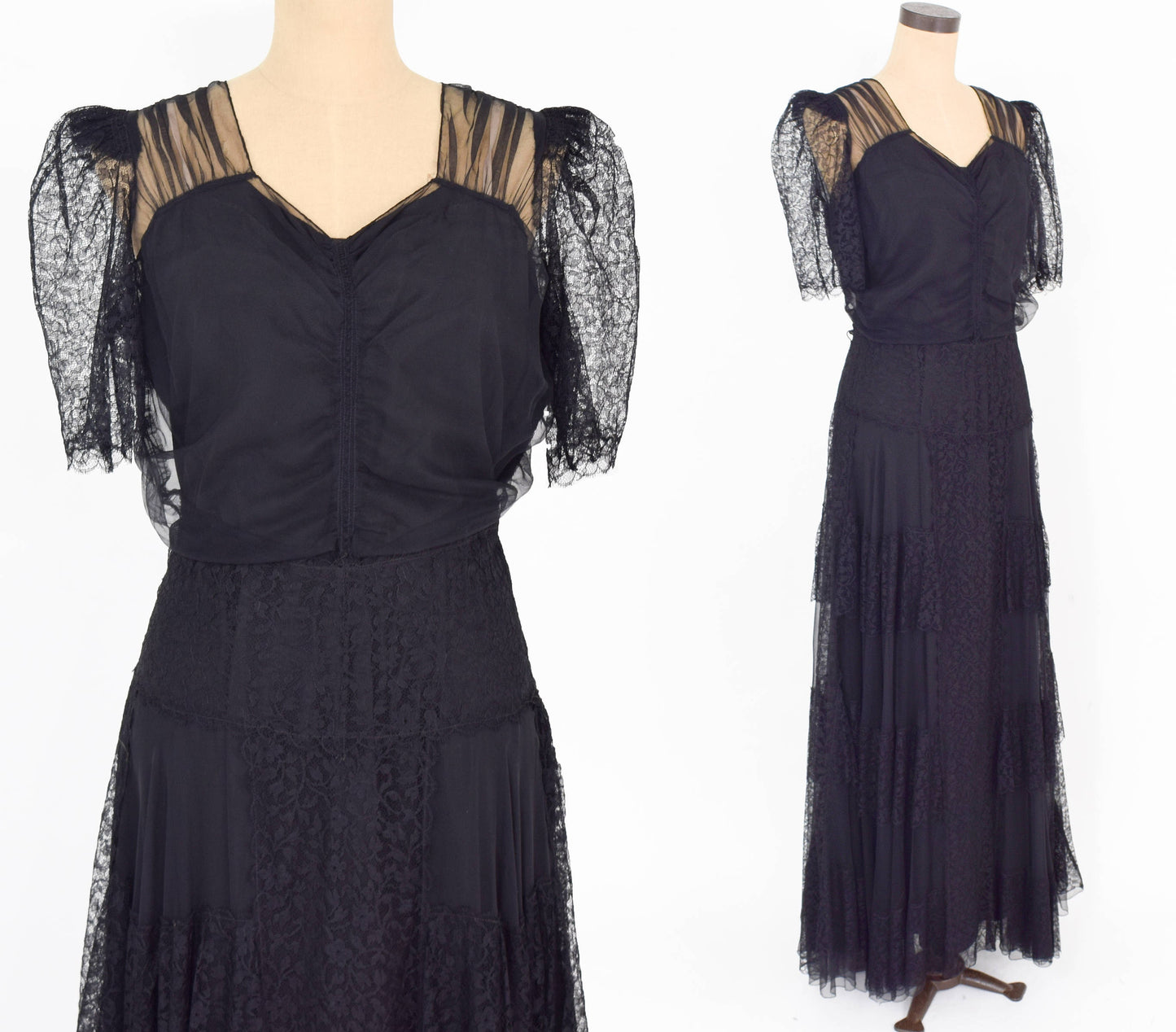 1940s Vintage Black Chiffon & Lace Evening Dress, Extra Large