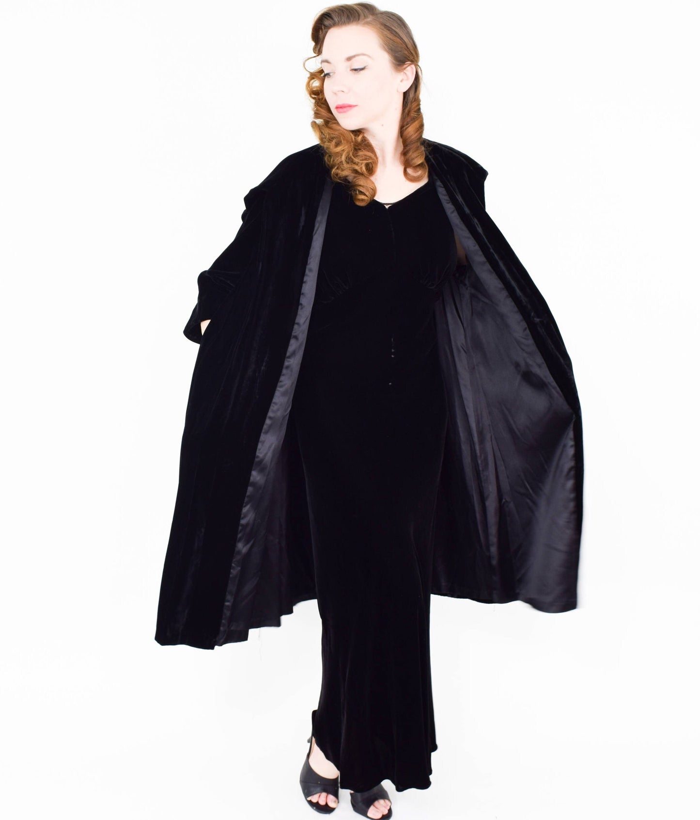 1940s Black Silk Velvet Gown & Coat | 40s Black Silk Velvet Bias Cut Dress Coat Set | Old Hollywood | California | Small