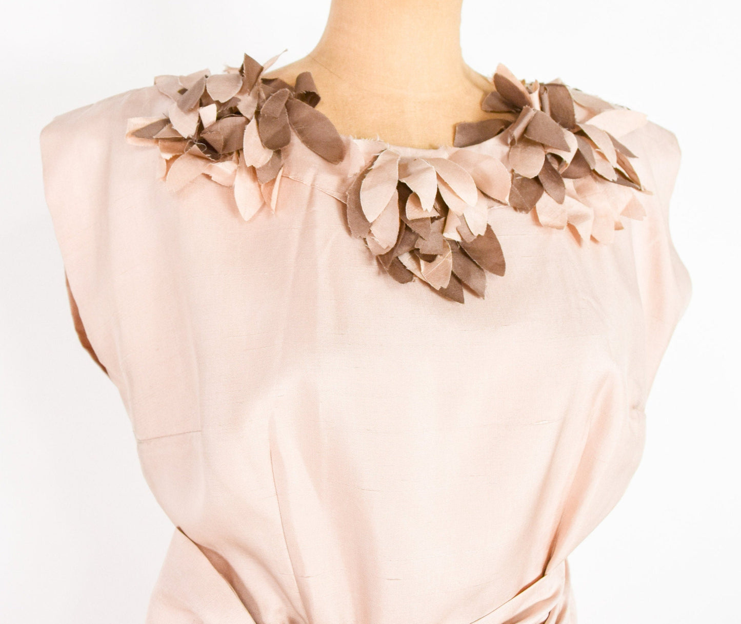 1950s Flutter Collar Creme Silk Sheath Dress, Medium