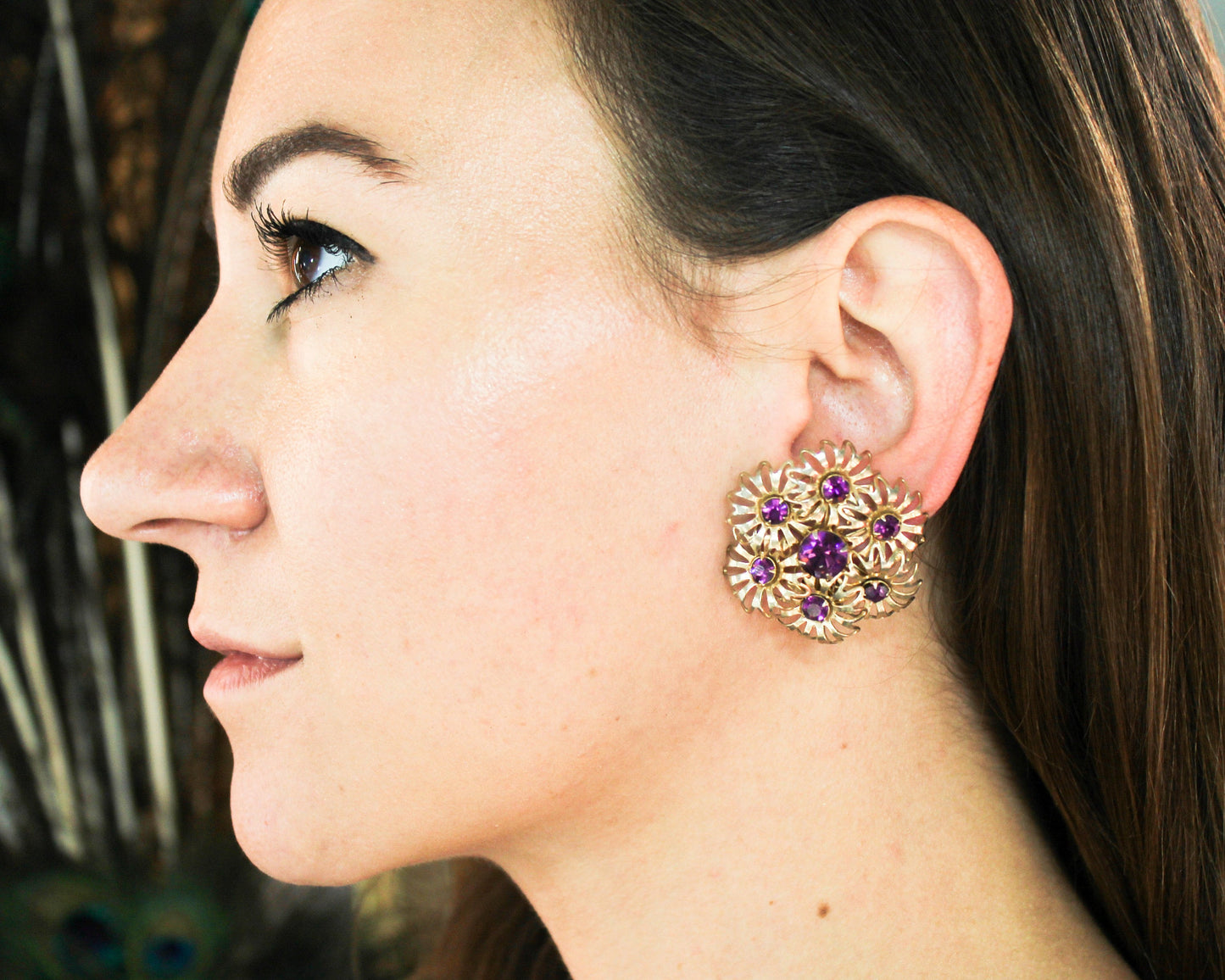 1960s Purple Rhinestone Flower Earrings | 60s Gold & Purple Flower Cluster Clips