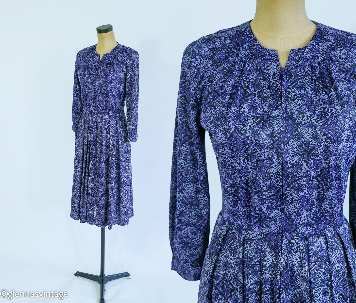 1950s Purple Floral Print Dress, Medium