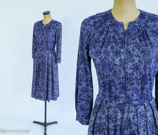 1950s Purple Floral Print Dress, Medium