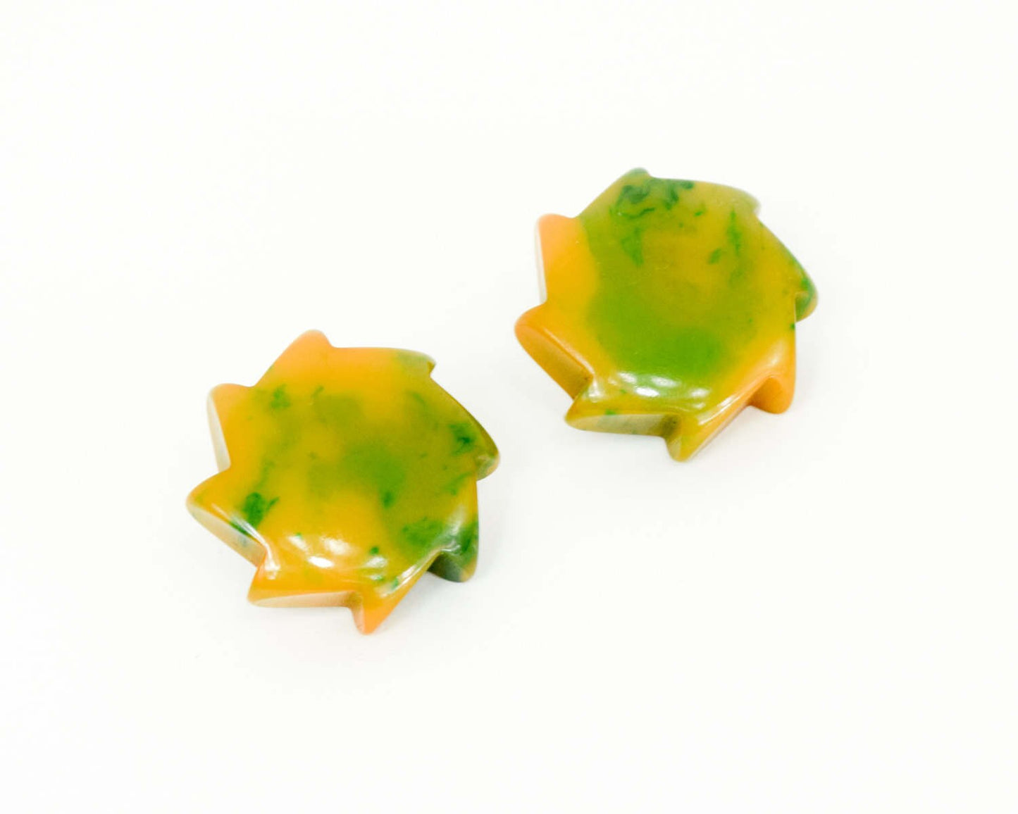 1940s Yellow & Green Bakelite Clip Earrings | 40s Marbled Green Bakelite Earrings