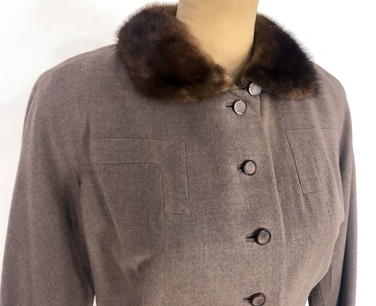 1940s Brown Wool Suit | 40s Brown Suit & Mink Collar | Medium