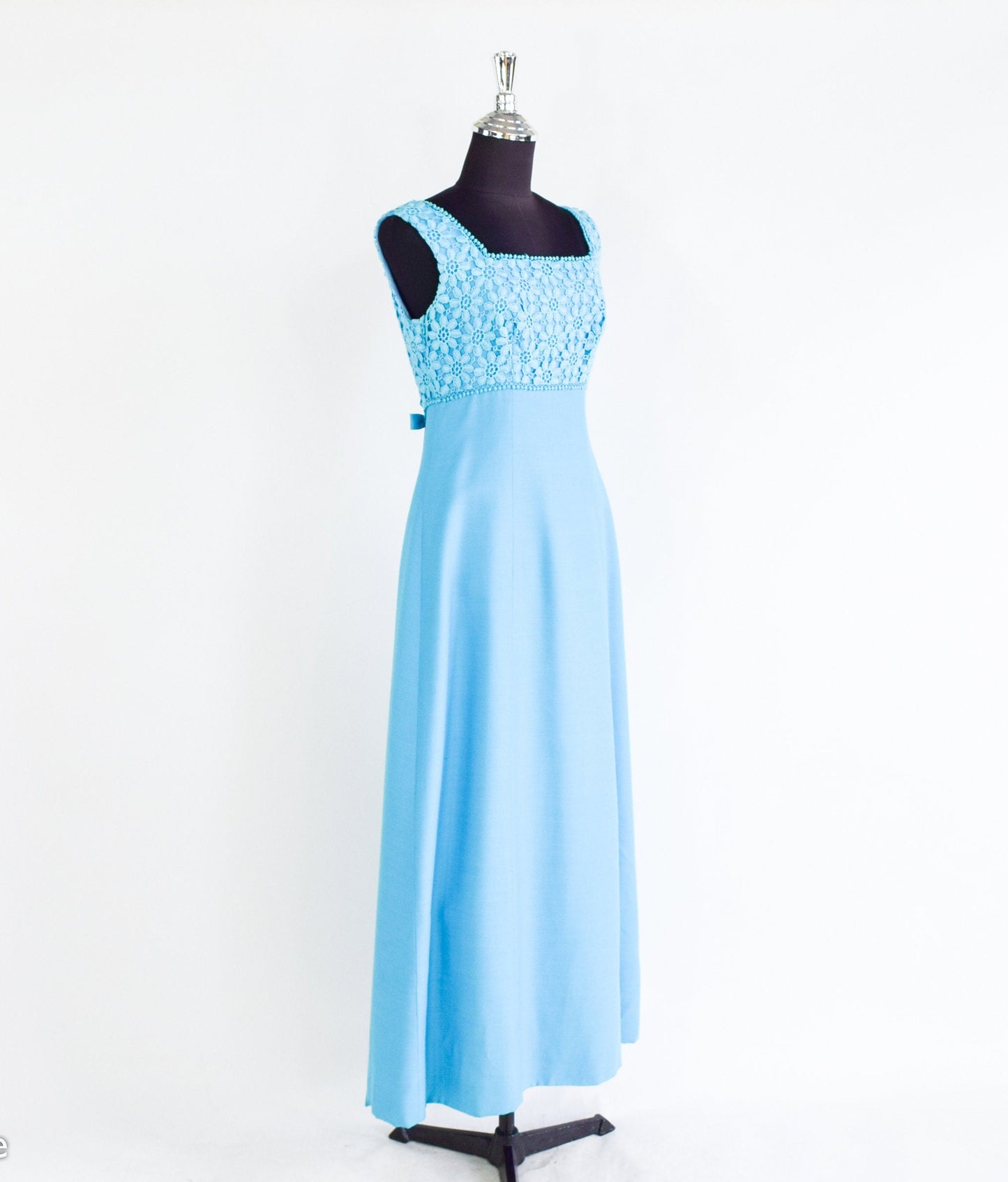 1960s Turquoise Blue Prom Dress | 60s Cotton Flower Lace Top Maxi Dress | XS