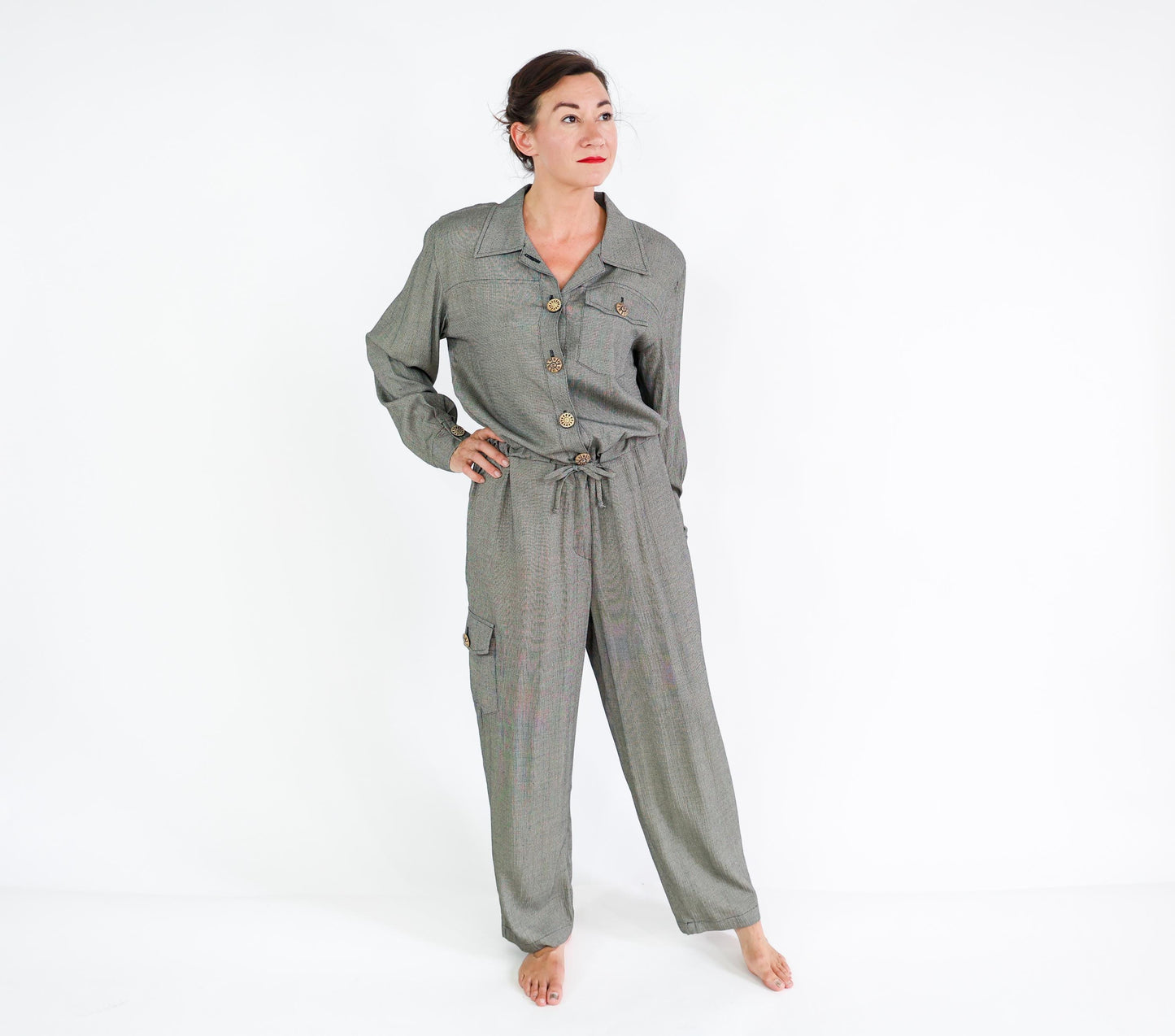 1980s Gray Woven Rayon Jumpsuit, 44