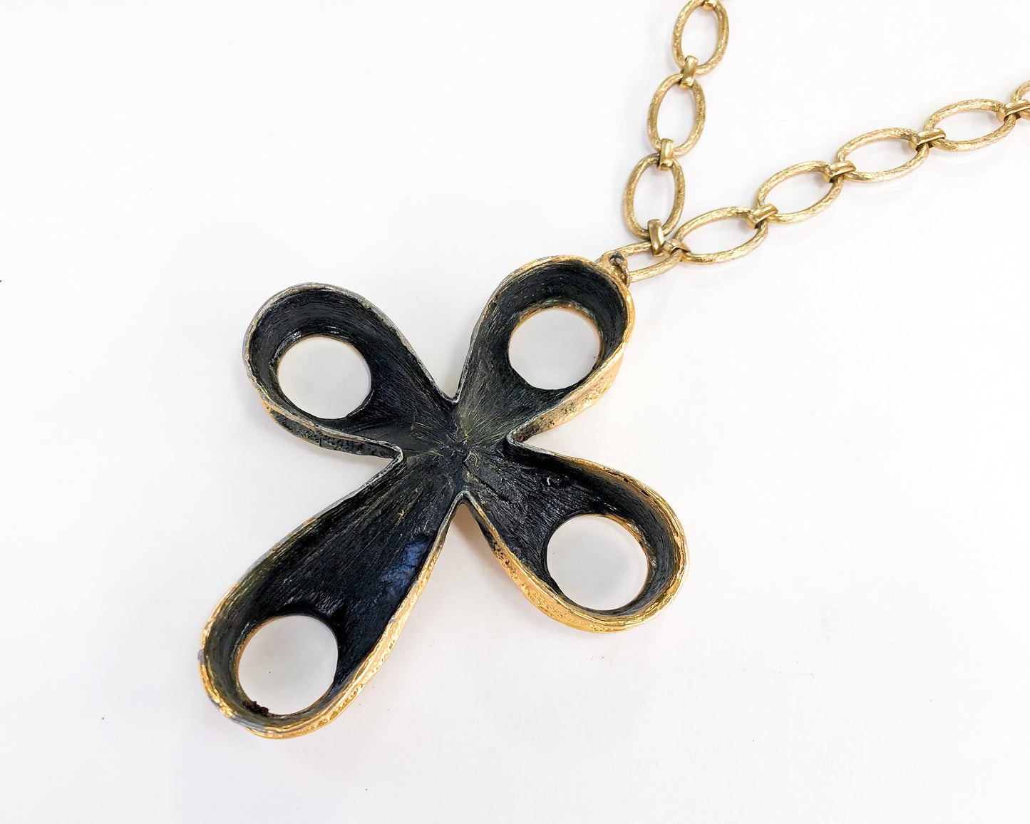 1970s Tortoloni Gold Cross Pendant Necklace | Brushed Metal Boho