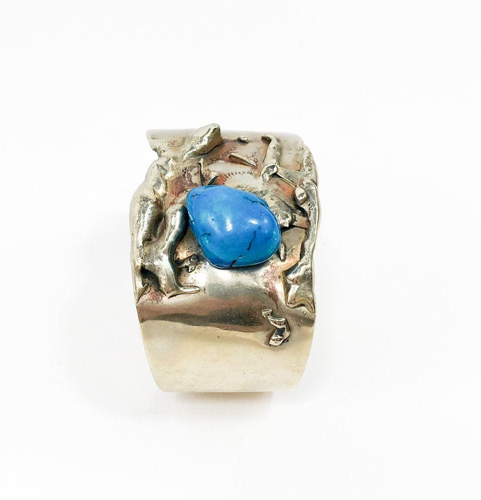 1960s Turquoise Nugget Silver Bracelet | 60s Alpaca Silver Cuff