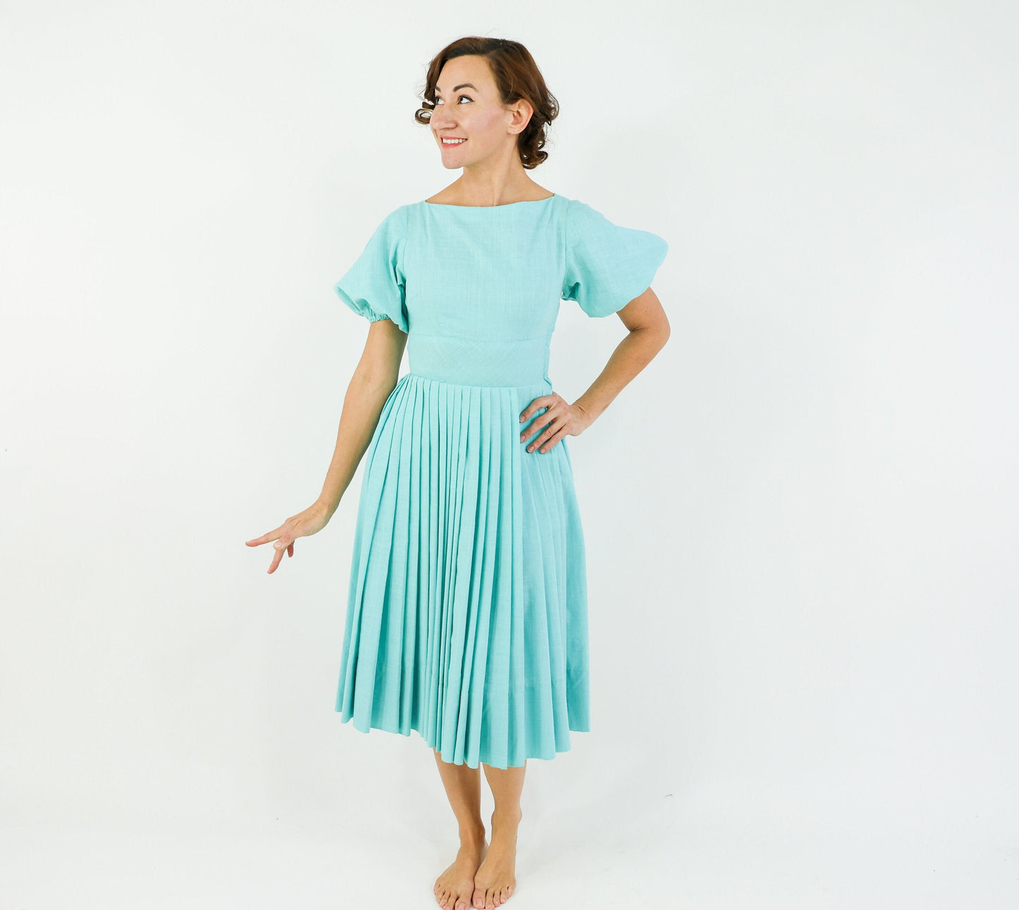 1950s Turquoise Blue Cotton Dress, Extra Small