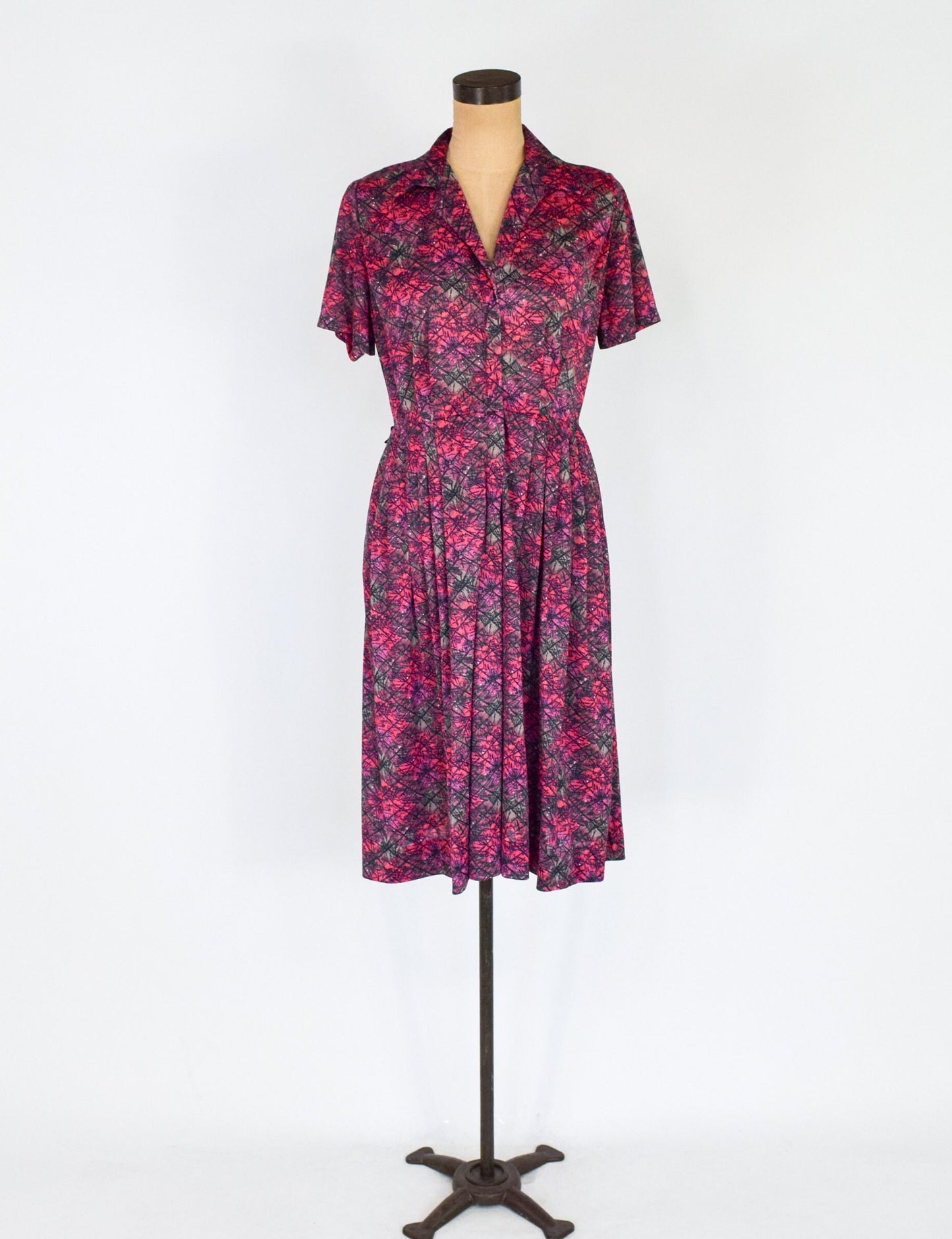 1950s Pink & Gray Atomic Print Nylon Dress, Medium