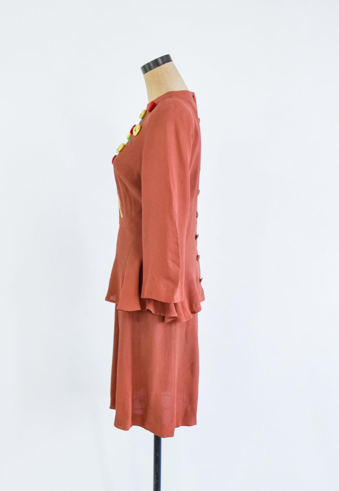 1940s Brown Embroidered Top & Skirt Set, Small