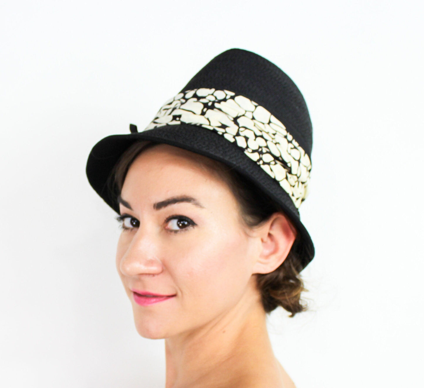 1960s Black Straw Bucket Hat, Model by Maxim