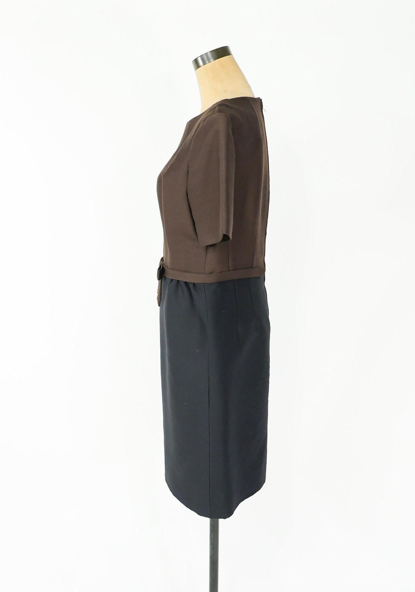 1950s Brown Black Silk Shantung Dress, Large