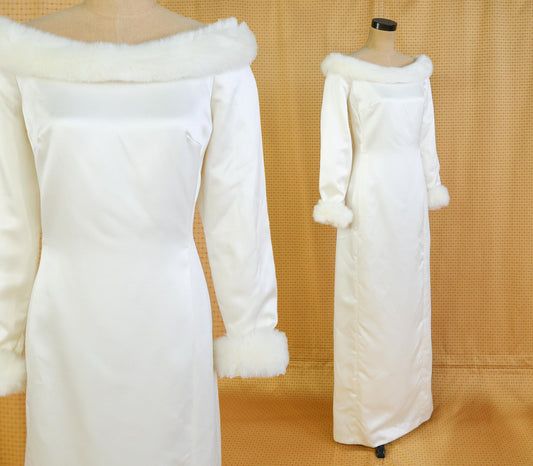 1980s Satin Wedding Dress with Faux Fur Trim, Large