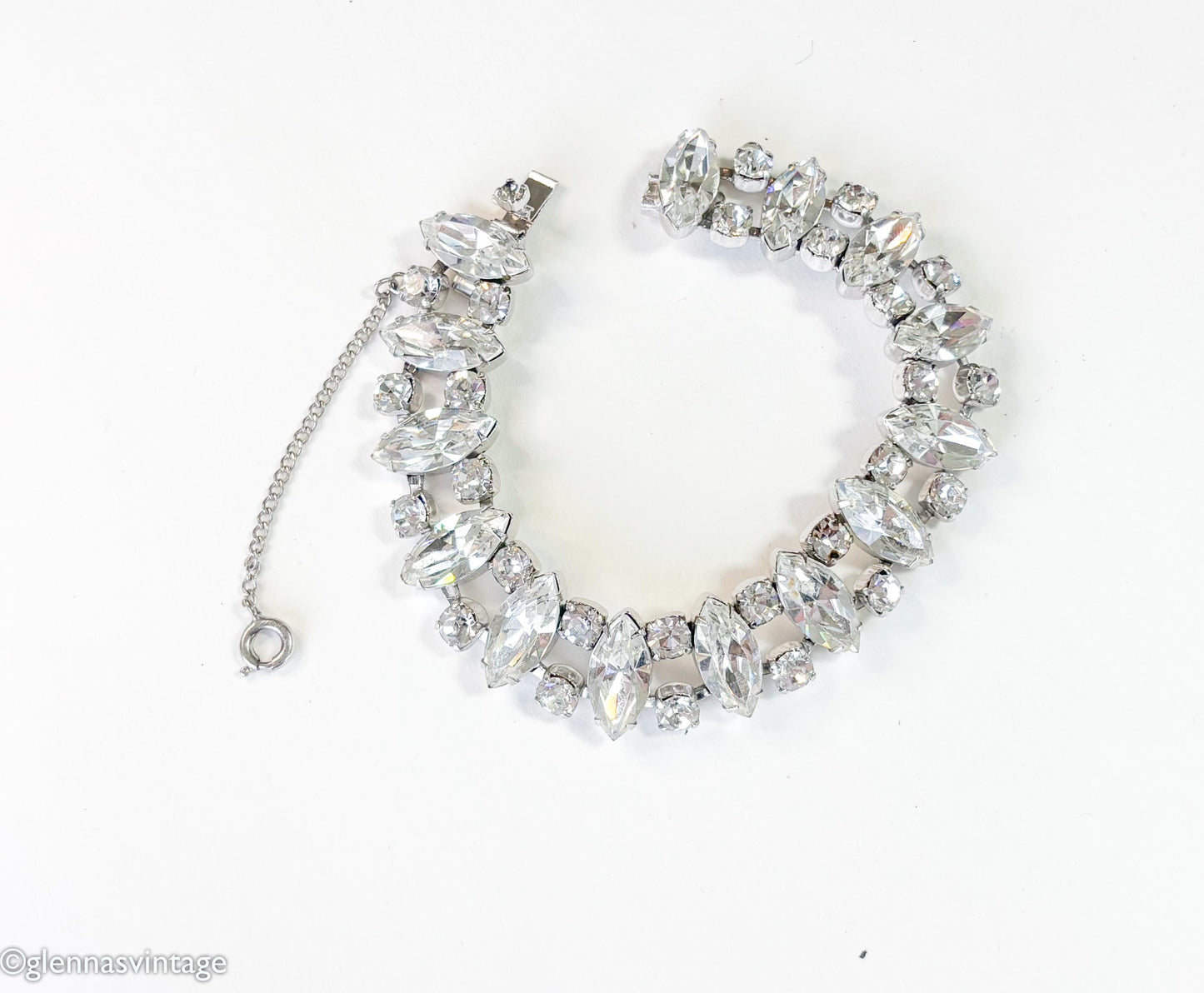 1960s Rhinestone & Silver Bracelet with Navette Crystals