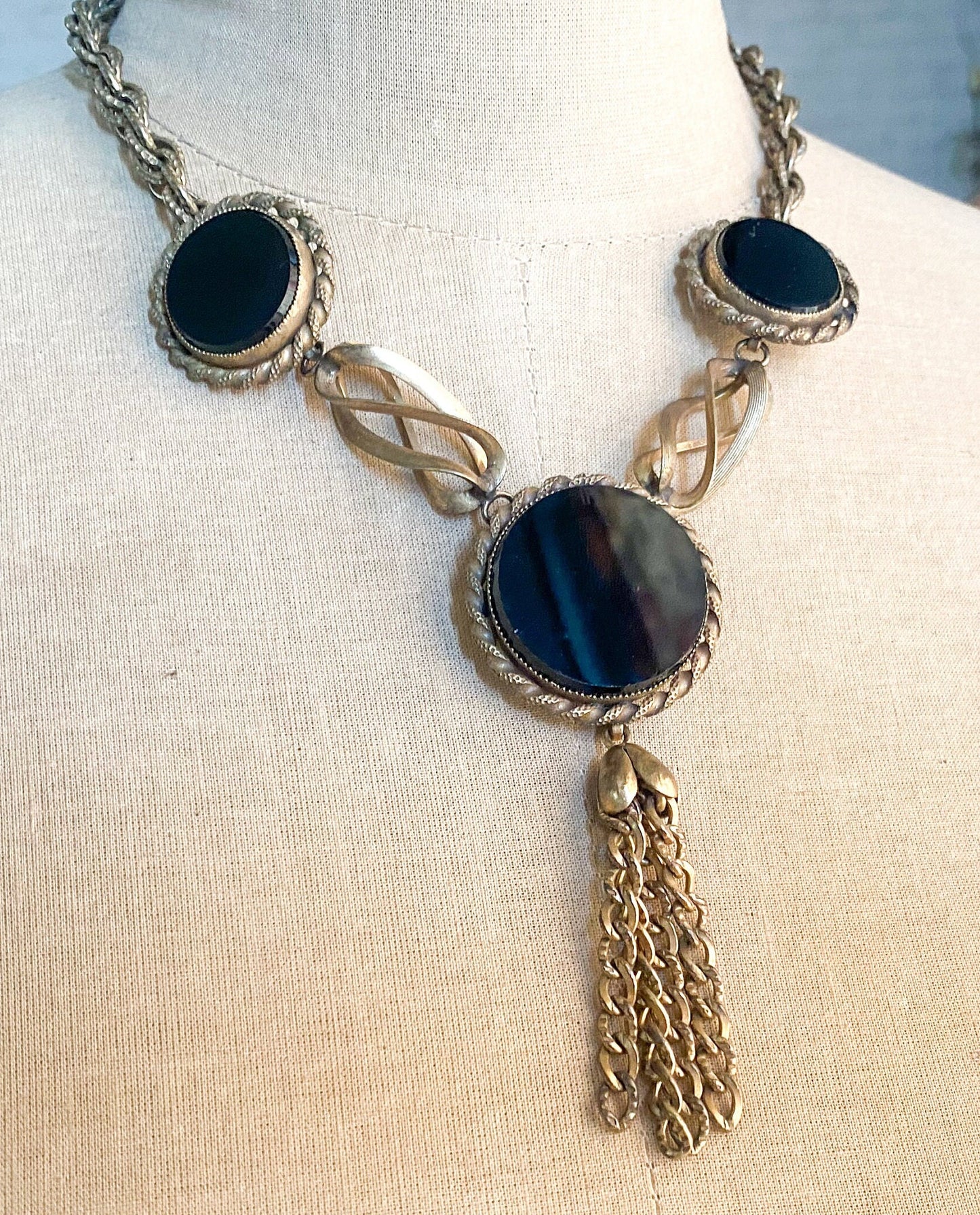 1940s Brass & Glass Pendant Necklace, Gold Black Necklace