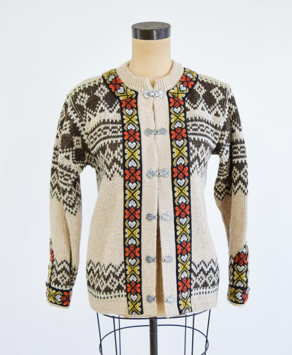 1950s Nordic Brown Pattern Virgin Wool Cardigan, Medium