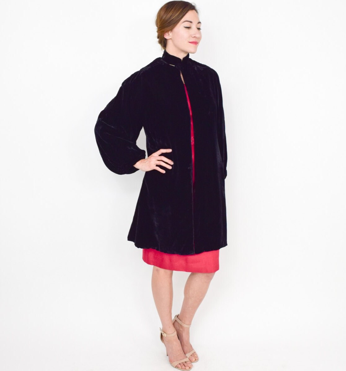 1930s Black Silk Velvet Evening Coat with Bishop Sleeves, Medium