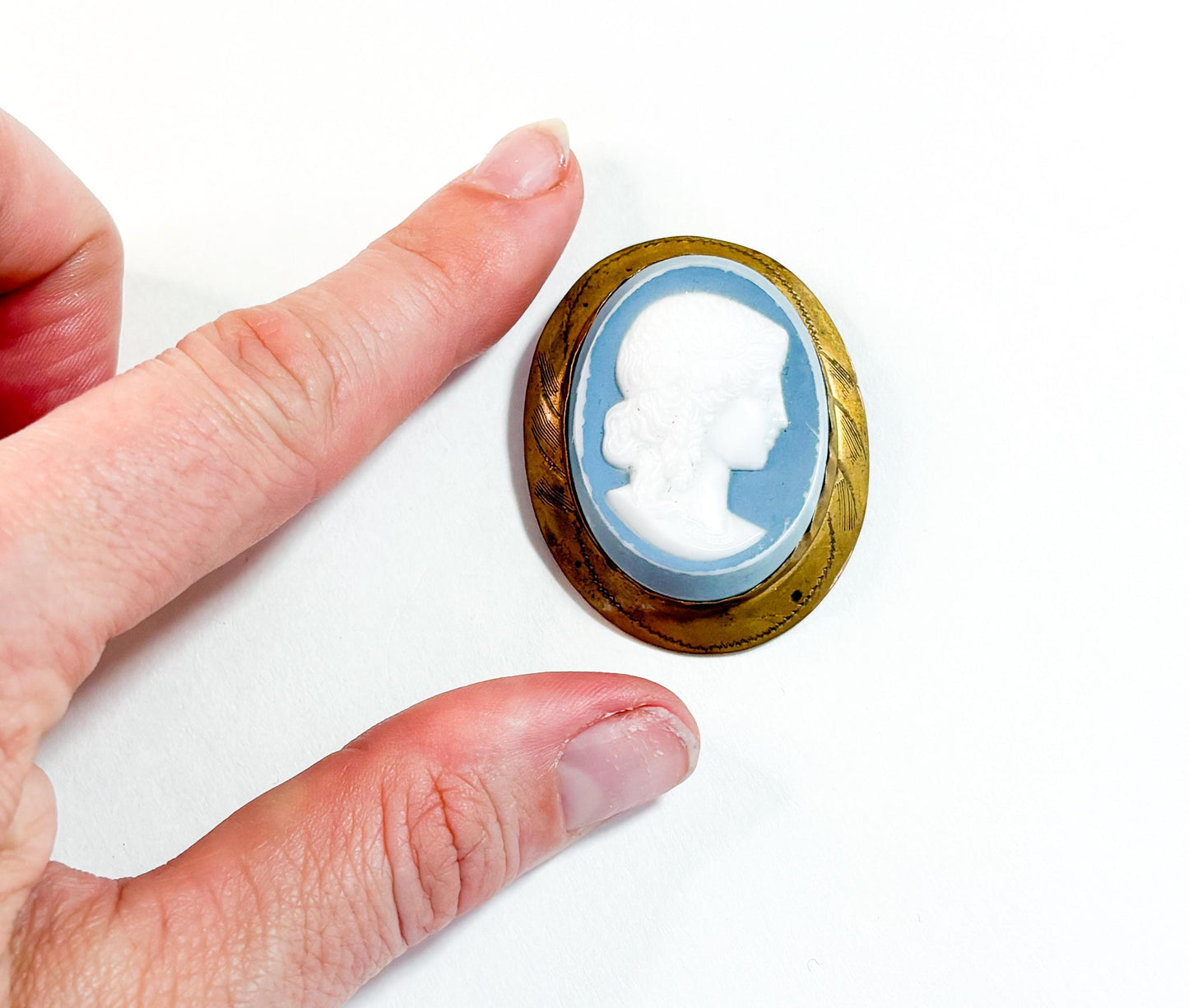 1930s Molded Glass Cameo with an Etched Brass Frame