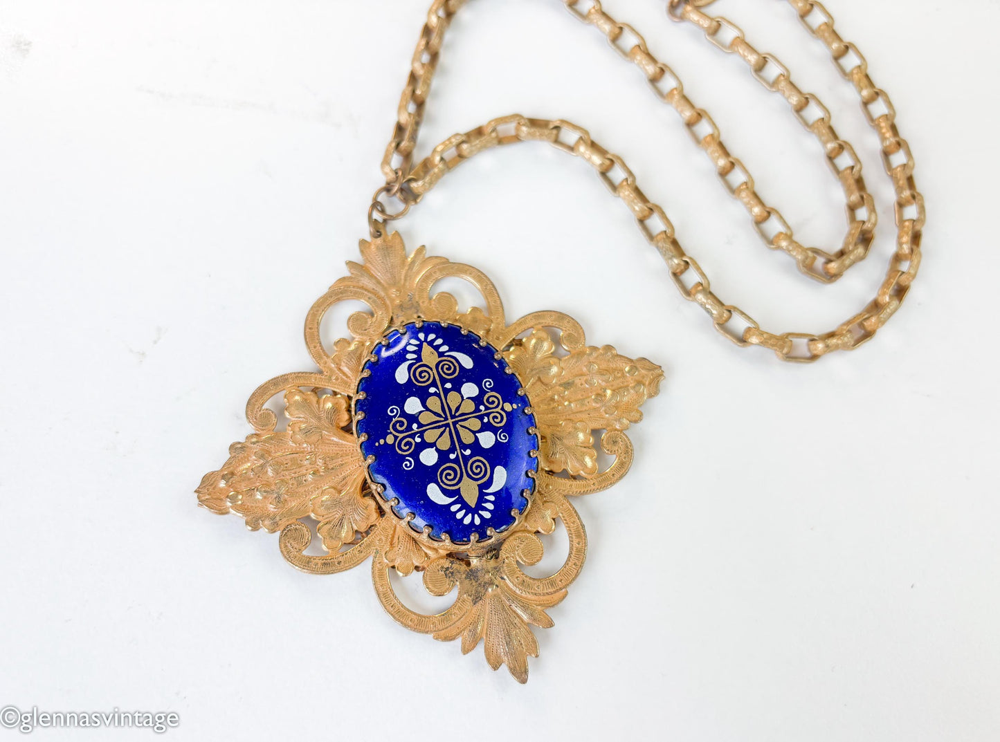 Vintage 1940s Miriam Haskell Necklace, Cobalt Blue Glass Filigree Pendant