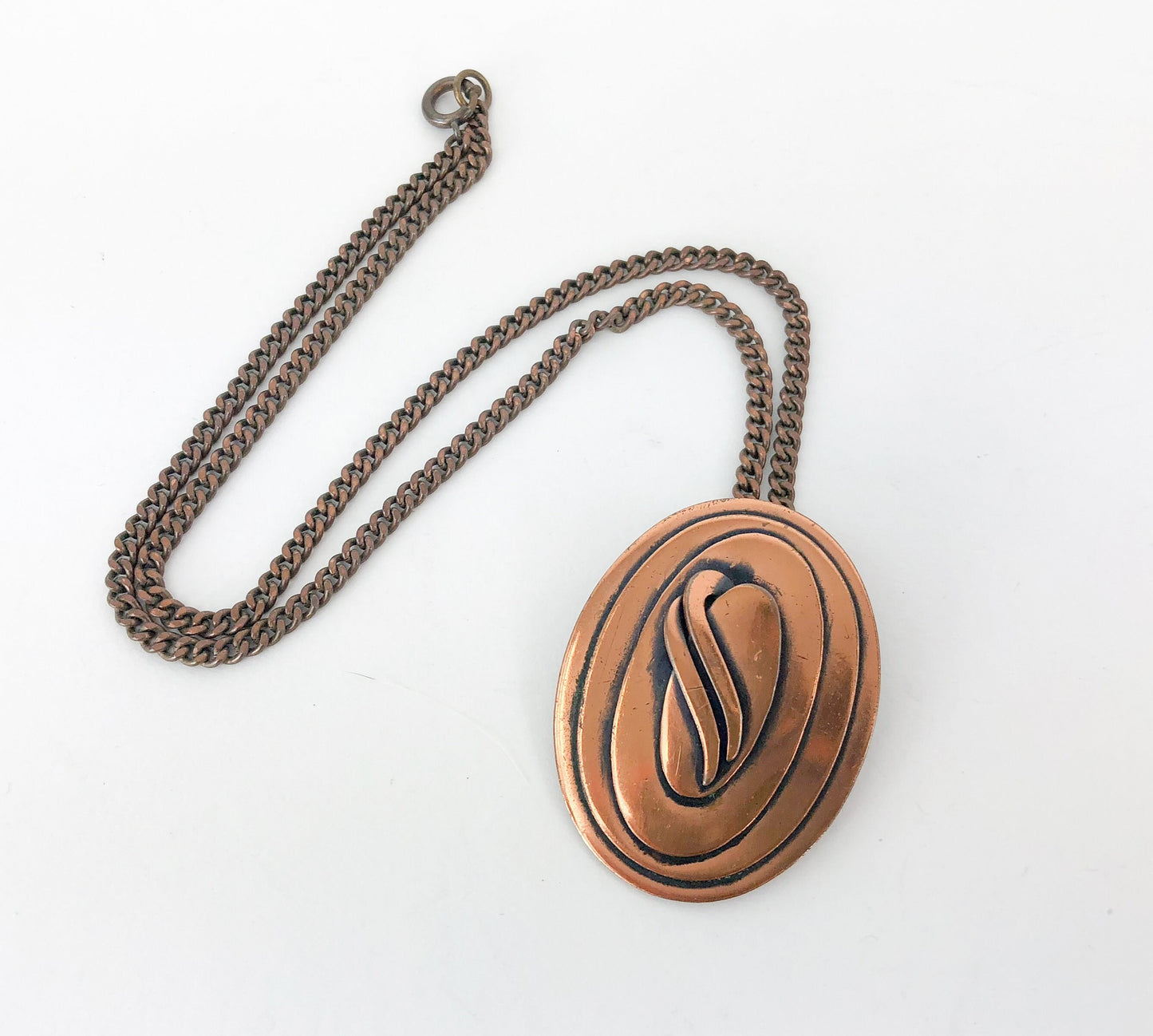 1960s Copper Pendent Necklace | 60s Modern Pendant Pin Necklace | Rosyln Hoffman