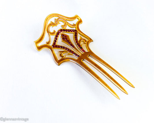 1900s Brown Celluloid Mantilla Hair Comb, Red Rhinestones