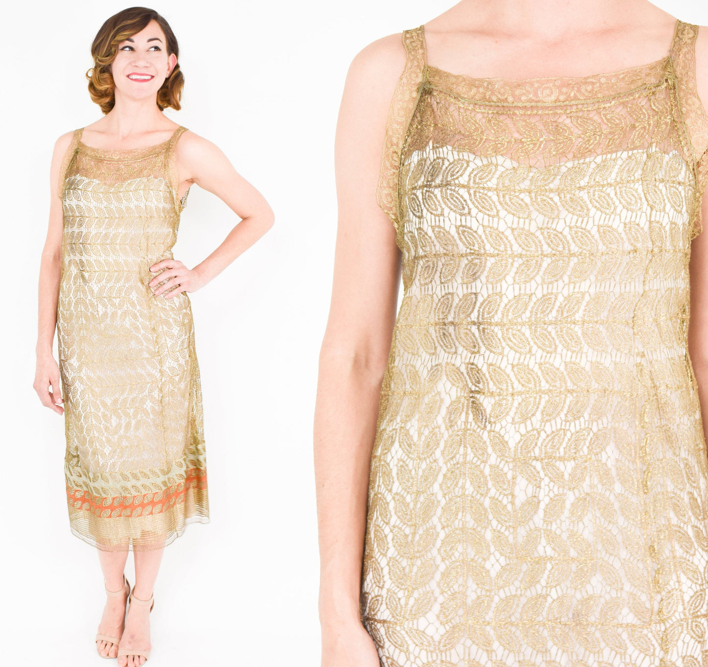 1920s Gold Lace Evening Dress, Gold Metallic Sheath Dress, Medium