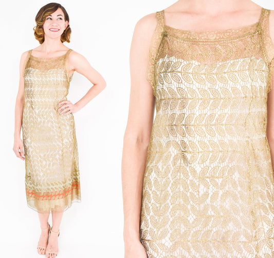 1920s Gold Lace Evening Dress, Gold Metallic Sheath Dress, Medium