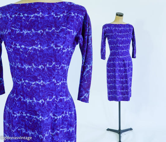 1950s Purple & Blue Print Wiggle Dress, Small