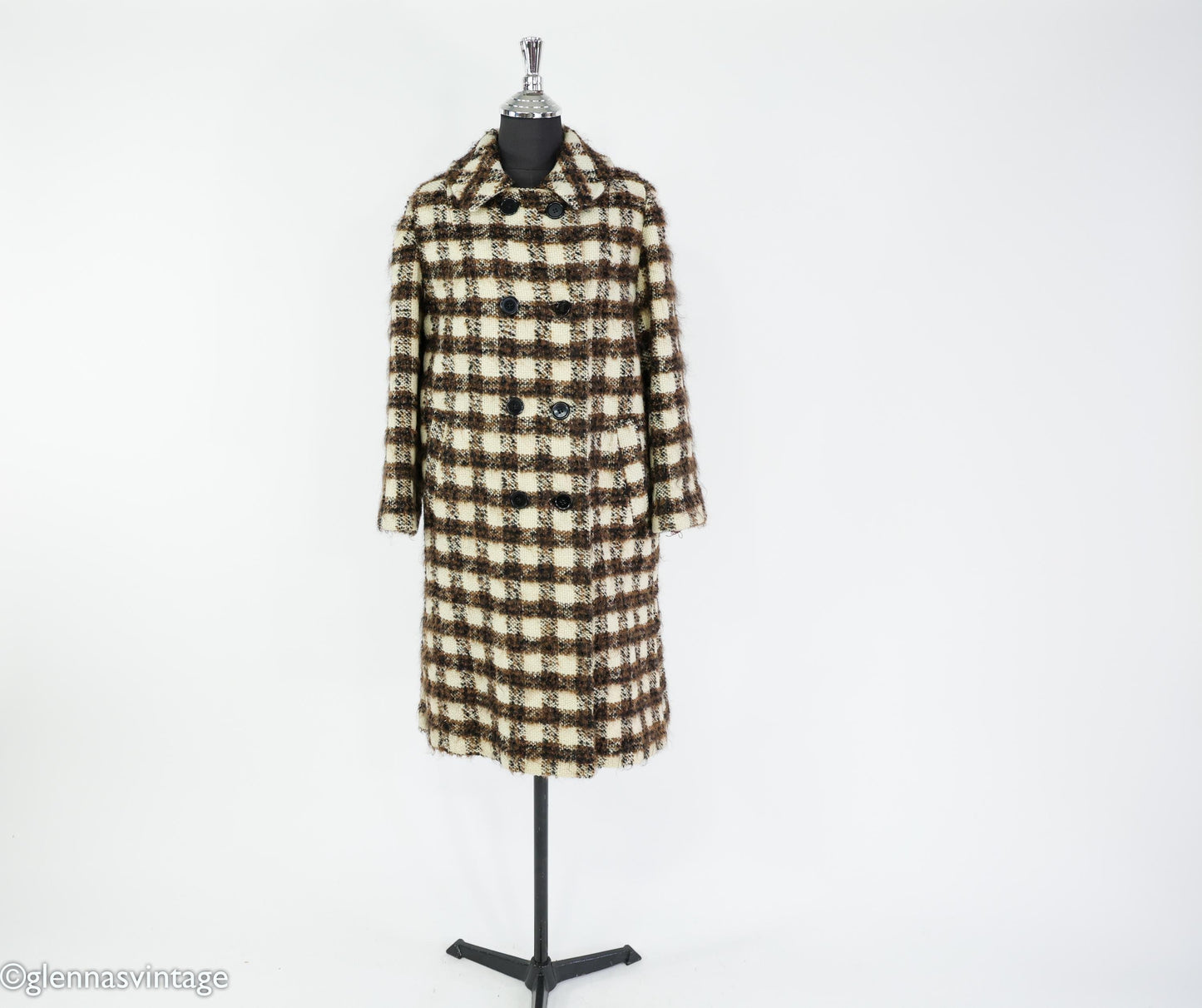 1960s Brown & Creme Plaid Wool Coat, Large
