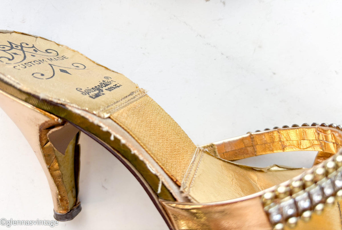 1950s Gold Springolators Heels Heeled Sandals, Size 7