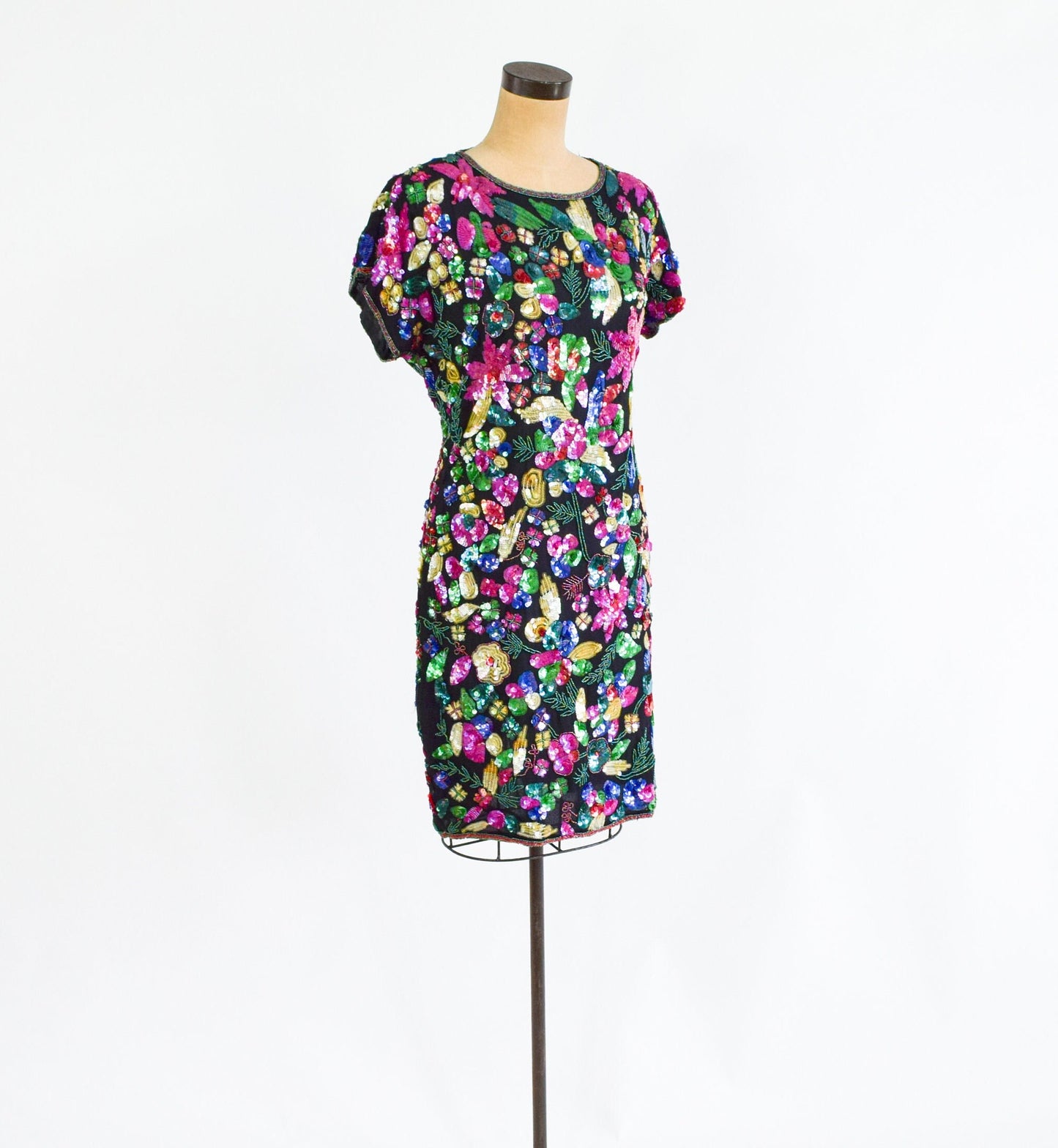 1980s Colorful Floral Sequin Party Dress, Small