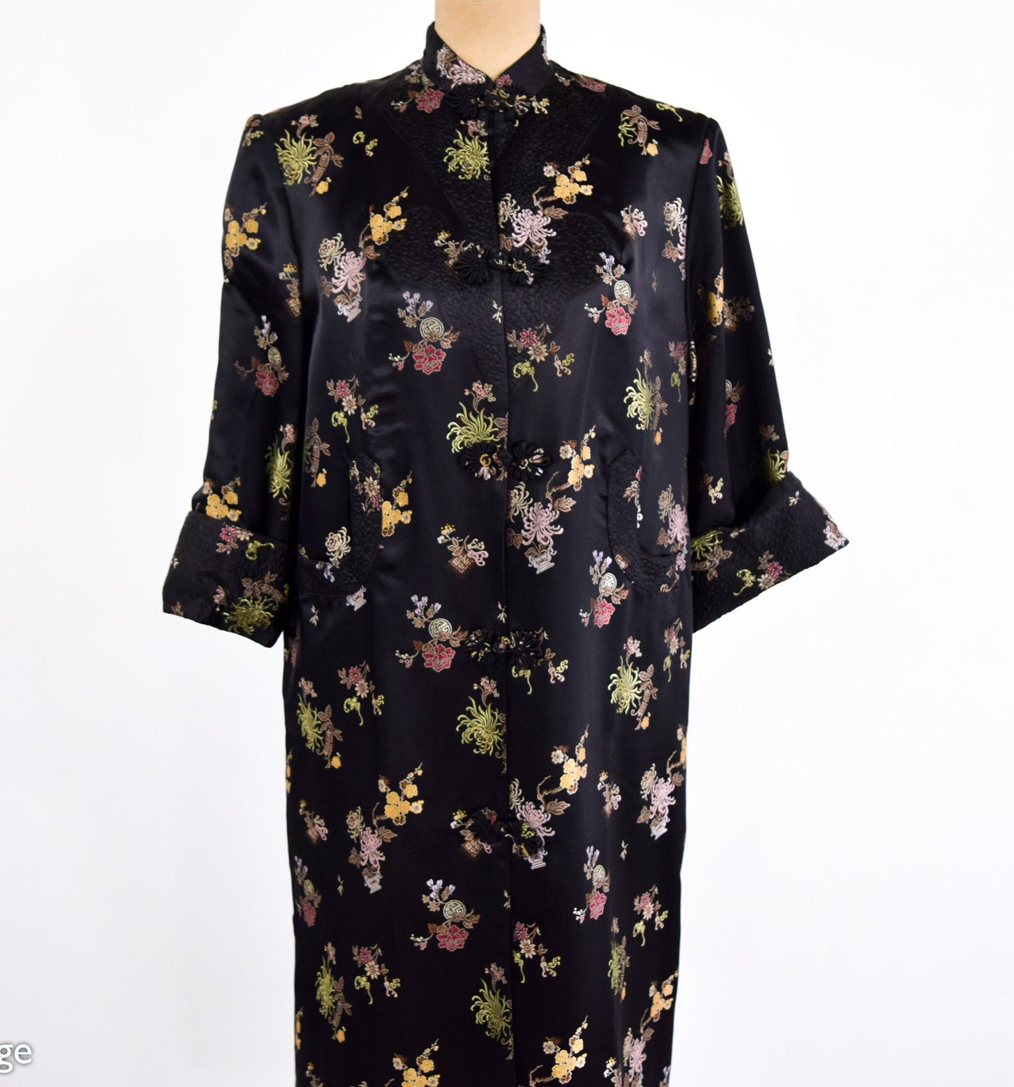 1950s Black Silk Asian Coat | 50s Black Floral Asian Coat | Peony | Medium