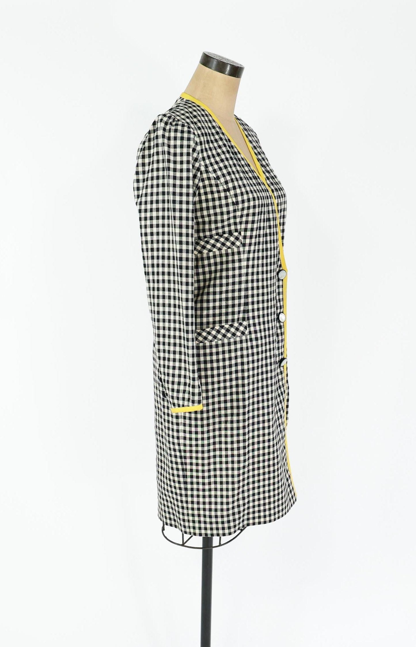 1980s Ungaro Black White Checked Wool Dress, Small