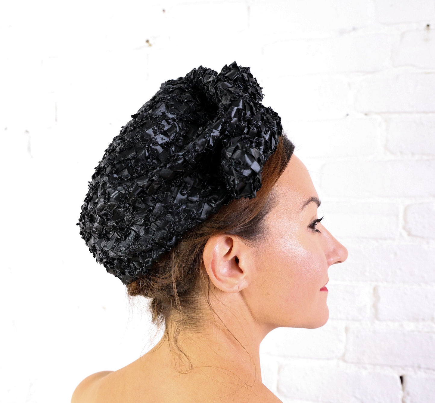 1960s Black Woven Raffia Hat, Jackie O Style