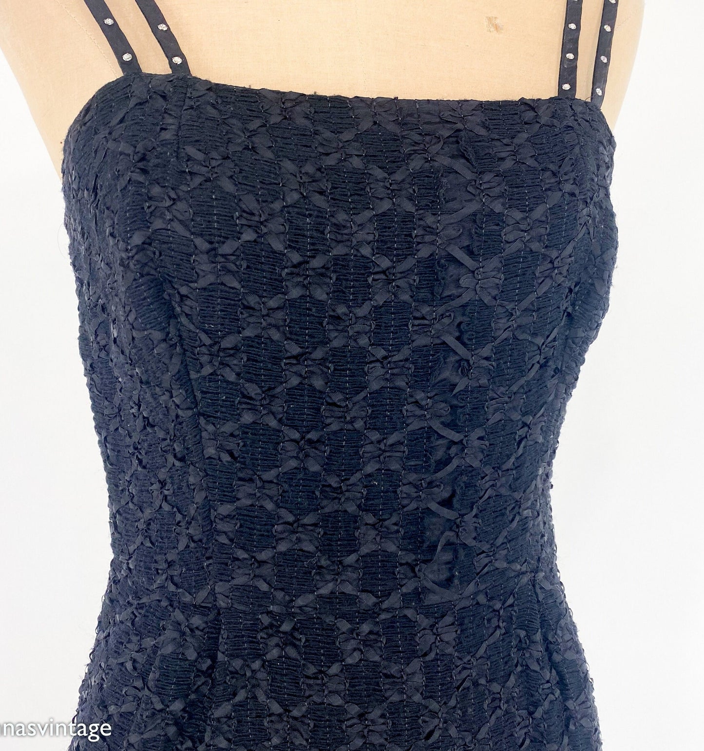 1950s Black Ribbon Lace Party Dress | 50s Black Spaghetti Strap Sheath | Black Wiggle Dress | Small