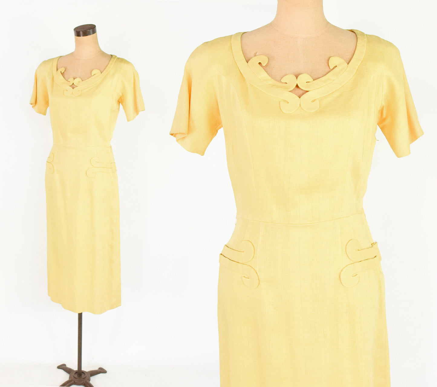1950s Yellow Linen Dress | 50s Butter Yellow Linen Dress | Bombshell | Pin Up | Paul Parnes | Medium