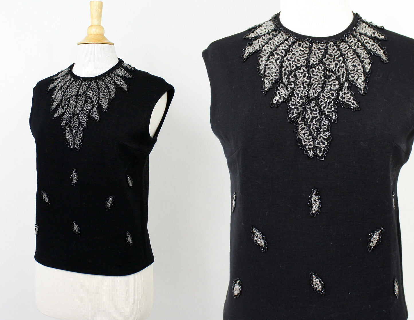 1960s Black Sleeveless Sweater | 60s Black Wool Beaded Top | Medium