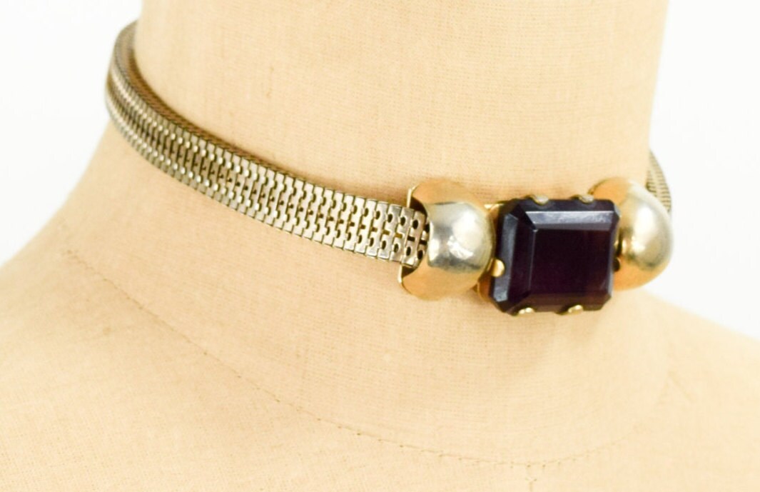 1940s Amethyst Coil Necklace | 40s Gold Box Style Coil Choker | Purple Coil Choker