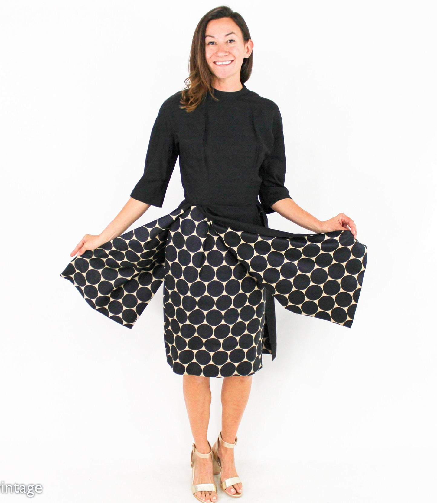 1950s Black Silk Polka Dot Cocktail Dress, Gigi Young N.Y., Small