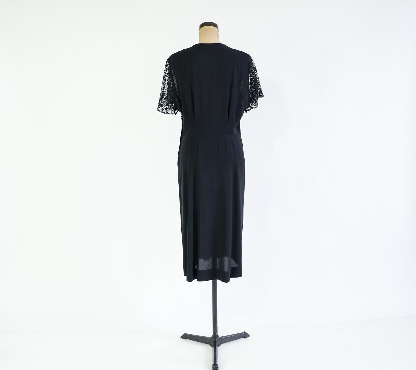 1940s Black Lace Crepe Dress, 34" Waist