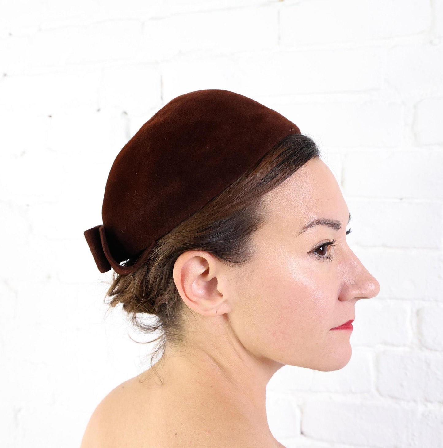 1950s Brown Wool Velour Bow Hat, Gene Doris New York